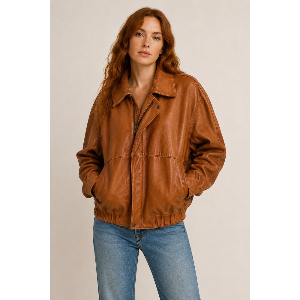 Vintage 80s Rodier Leather Bomber Jacket Cognac Brown Sheep Goat Leather Size 52